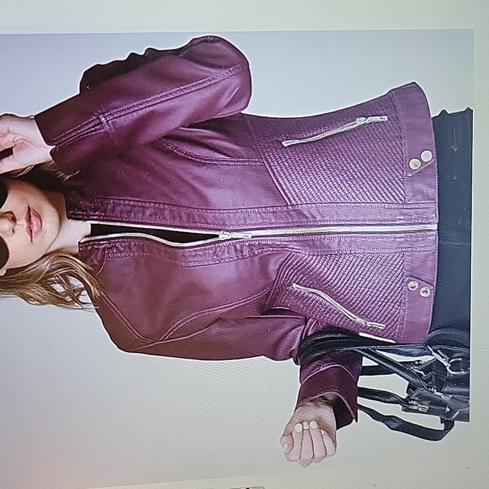 Made by Johnny MBJ faux leather zip front moto biker jacket Wine stitche L NEW …